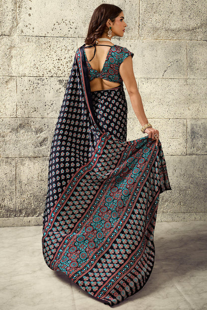 Refreshing Black Ajrakh Printed Satin Silk Saree With Serendipity Blouse Piece