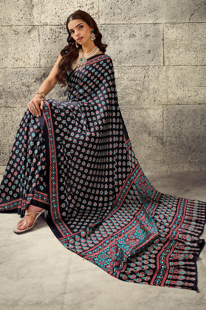 Refreshing Black Ajrakh Printed Satin Silk Saree With Serendipity Blouse Piece