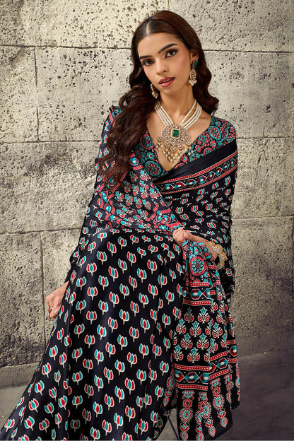 Refreshing Black Ajrakh Printed Satin Silk Saree With Serendipity Blouse Piece