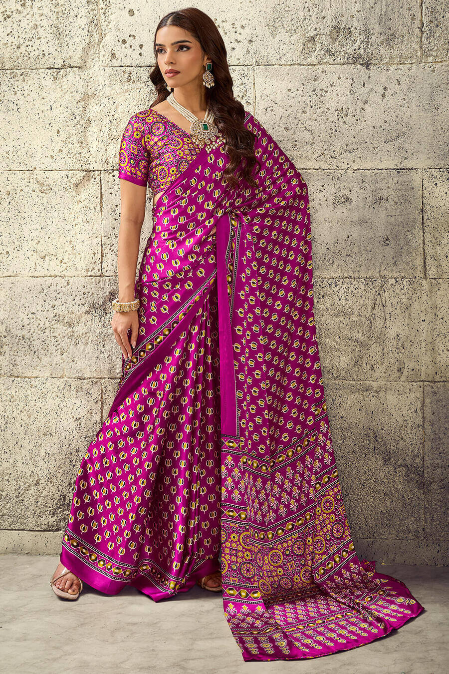 Luminous Dark Pink Ajrakh Printed Satin Silk Saree With Flameboyant Blouse Piece