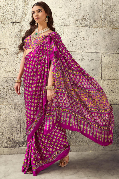 Luminous Dark Pink Ajrakh Printed Satin Silk Saree With Flameboyant Blouse Piece
