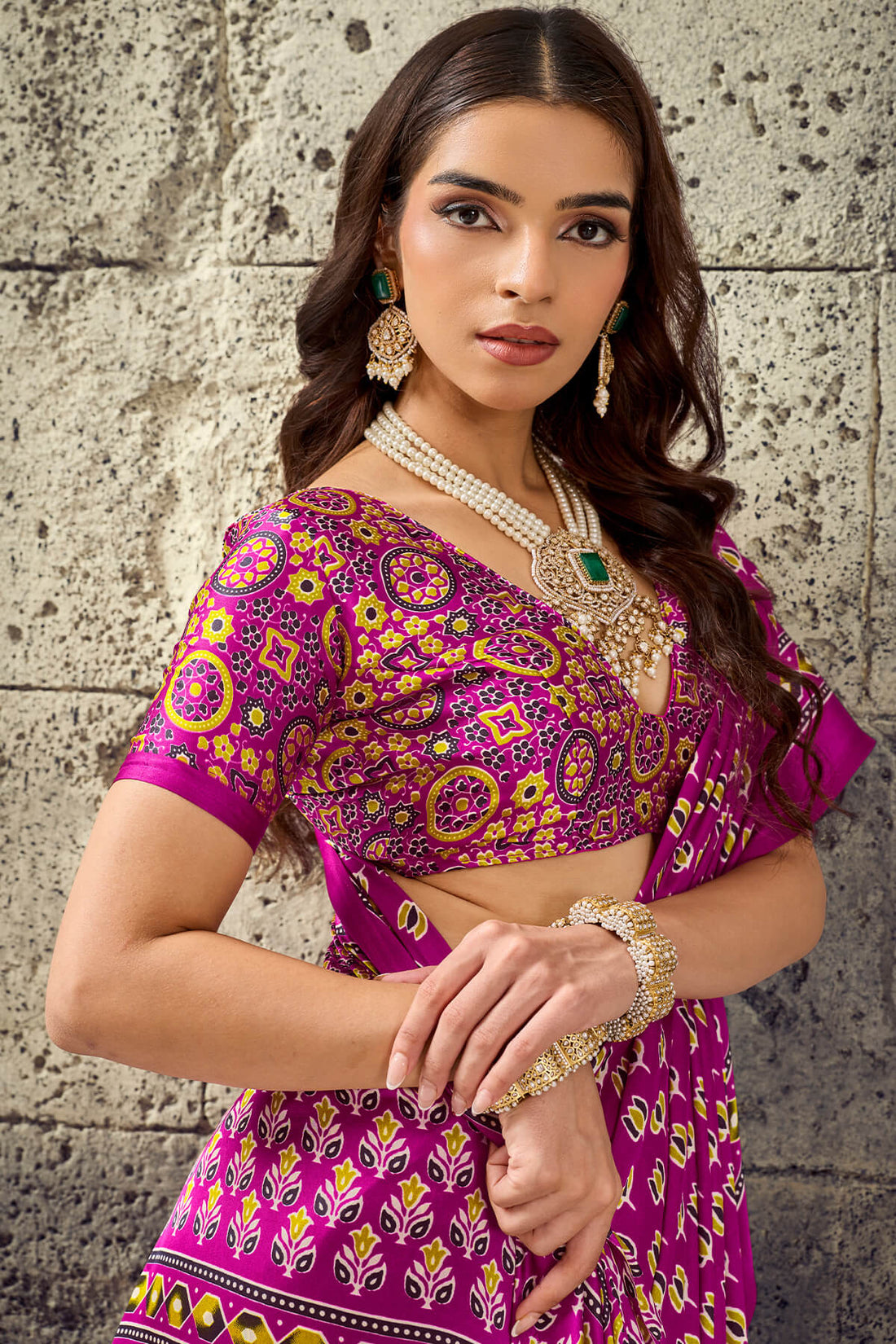 Luminous Dark Pink Ajrakh Printed Satin Silk Saree With Flameboyant Blouse Piece