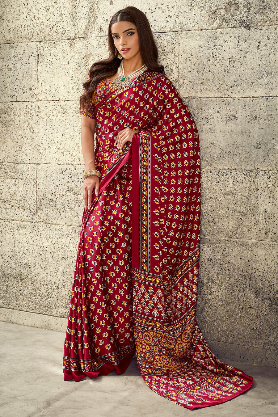 Mellifluous Maroon Ajrakh Printed Satin Silk Saree With Sumptuous Blouse Piece