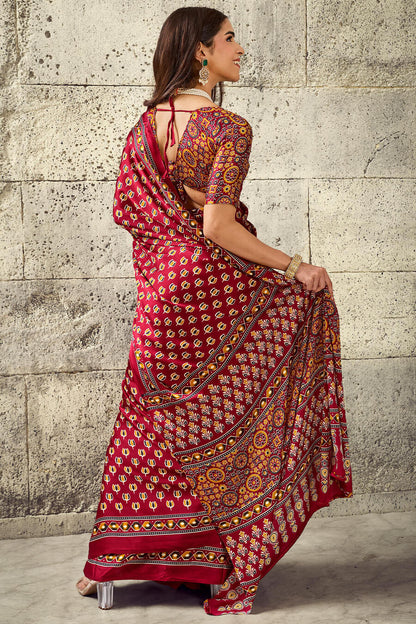 Mellifluous Maroon Ajrakh Printed Satin Silk Saree With Sumptuous Blouse Piece