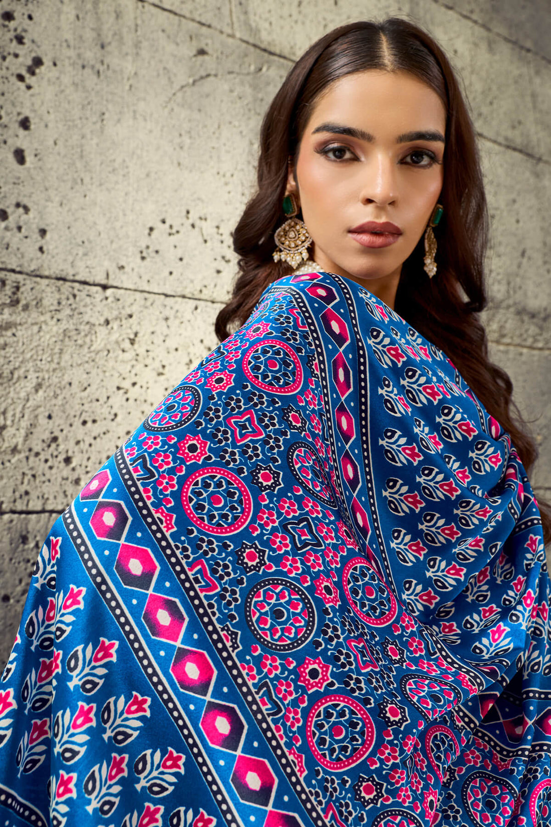 Radiant Blue Ajrakh Printed Satin Silk Saree With Exuberant Blouse Piece