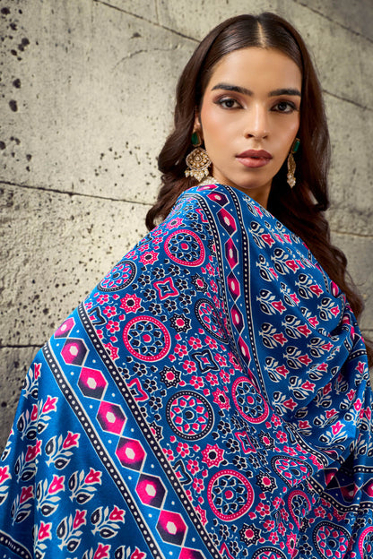 Radiant Blue Ajrakh Printed Satin Silk Saree With Exuberant Blouse Piece