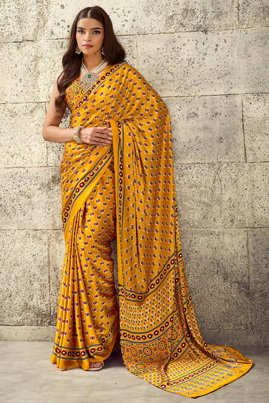 Gratifying Mustard Ajrakh Printed Satin Silk Saree With Enthralling Blouse Piece