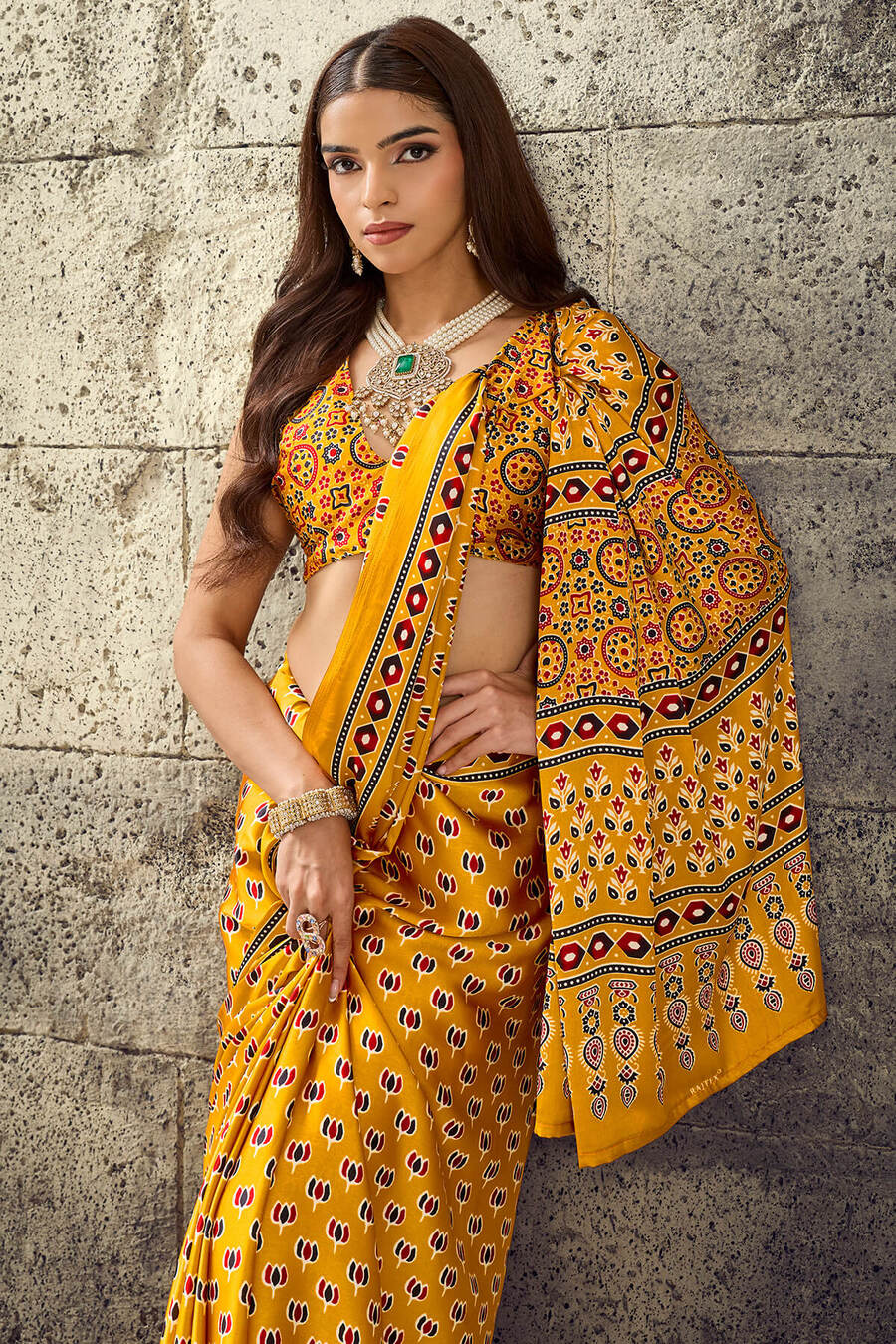 Gratifying Mustard Ajrakh Printed Satin Silk Saree With Enthralling Blouse Piece