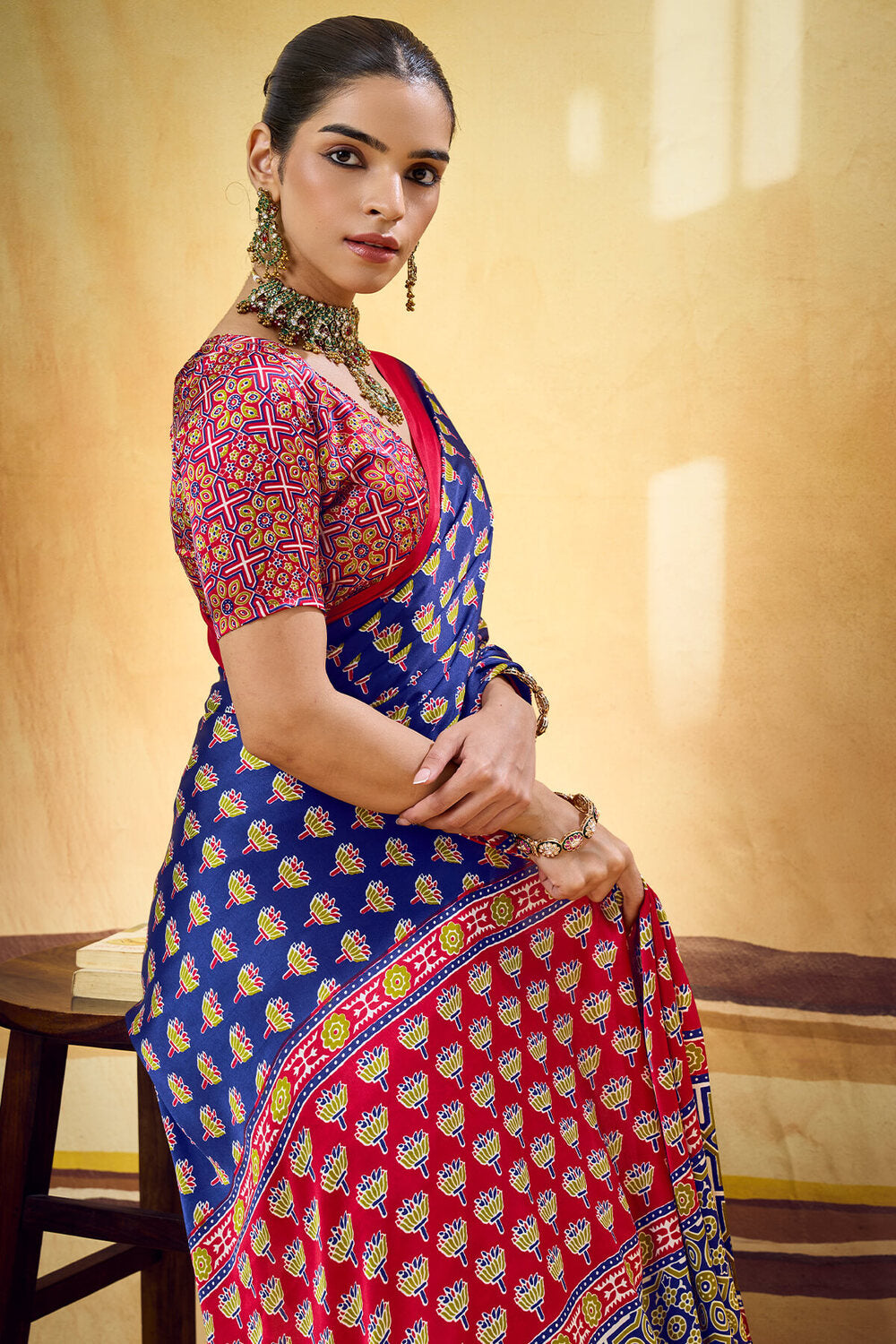 Dissemble Navy Blue Ajrakh Printed Satin Silk Saree With Traditional Blouse Piece