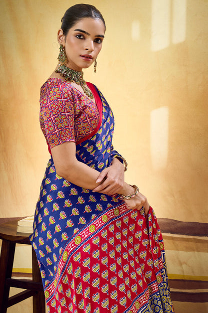 Dissemble Navy Blue Ajrakh Printed Satin Silk Saree With Traditional Blouse Piece