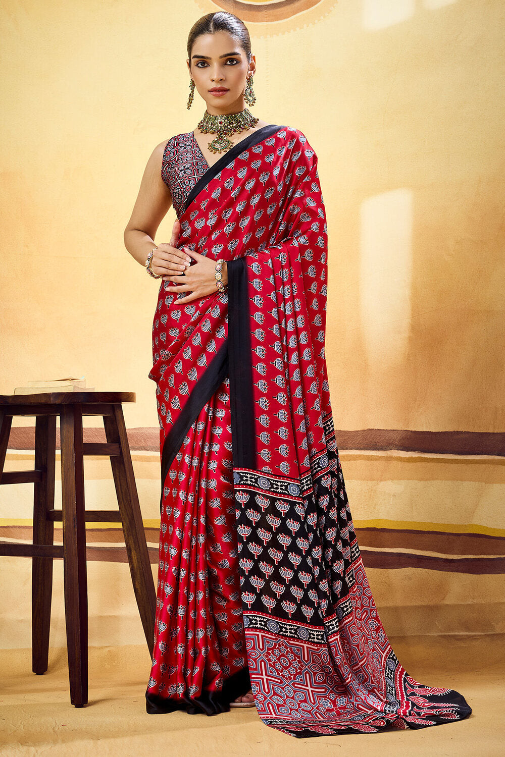 Murmurous Red Ajrakh Printed Satin Silk Saree With Sempiternal Blouse Piece