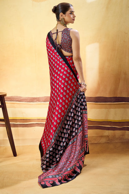 Murmurous Red Ajrakh Printed Satin Silk Saree With Sempiternal Blouse Piece