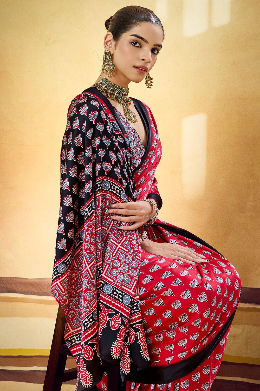 Murmurous Red Ajrakh Printed Satin Silk Saree With Sempiternal Blouse Piece