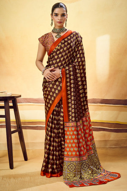 Majesty Brown Ajrakh Printed Satin Silk Saree With Extraordinary Blouse Piece
