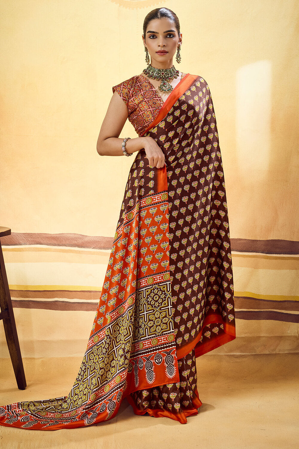 Majesty Brown Ajrakh Printed Satin Silk Saree With Extraordinary Blouse Piece
