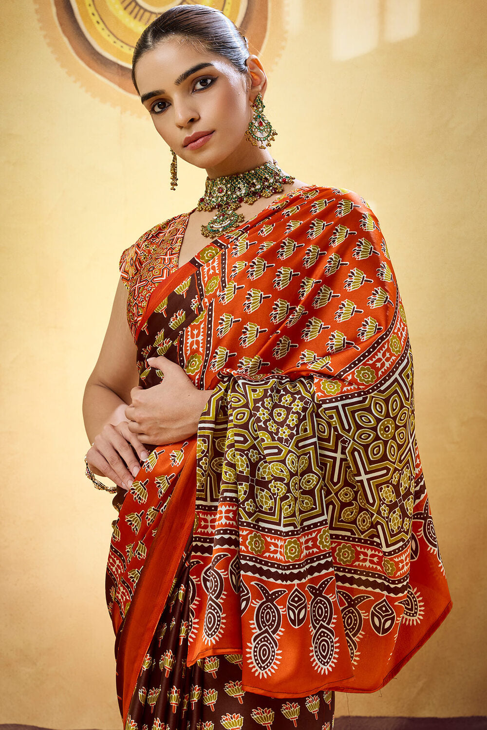 Majesty Brown Ajrakh Printed Satin Silk Saree With Extraordinary Blouse Piece
