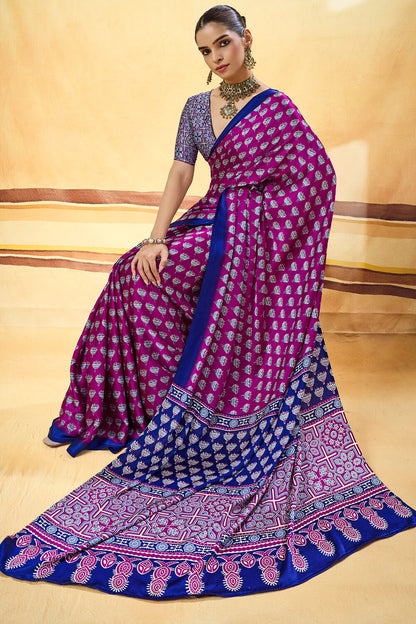 Desultory Purple Ajrakh Printed Satin Silk Saree With Preferable Blouse Piece