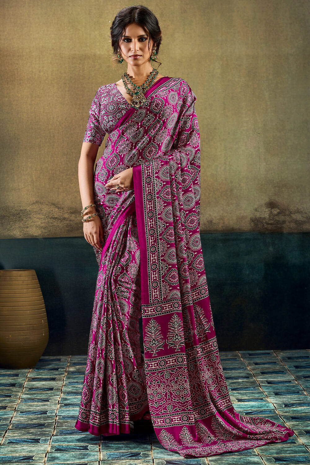 Bewitching Purple Ajrakh Printed Satin Silk Saree With Hypnotic Blouse Piece