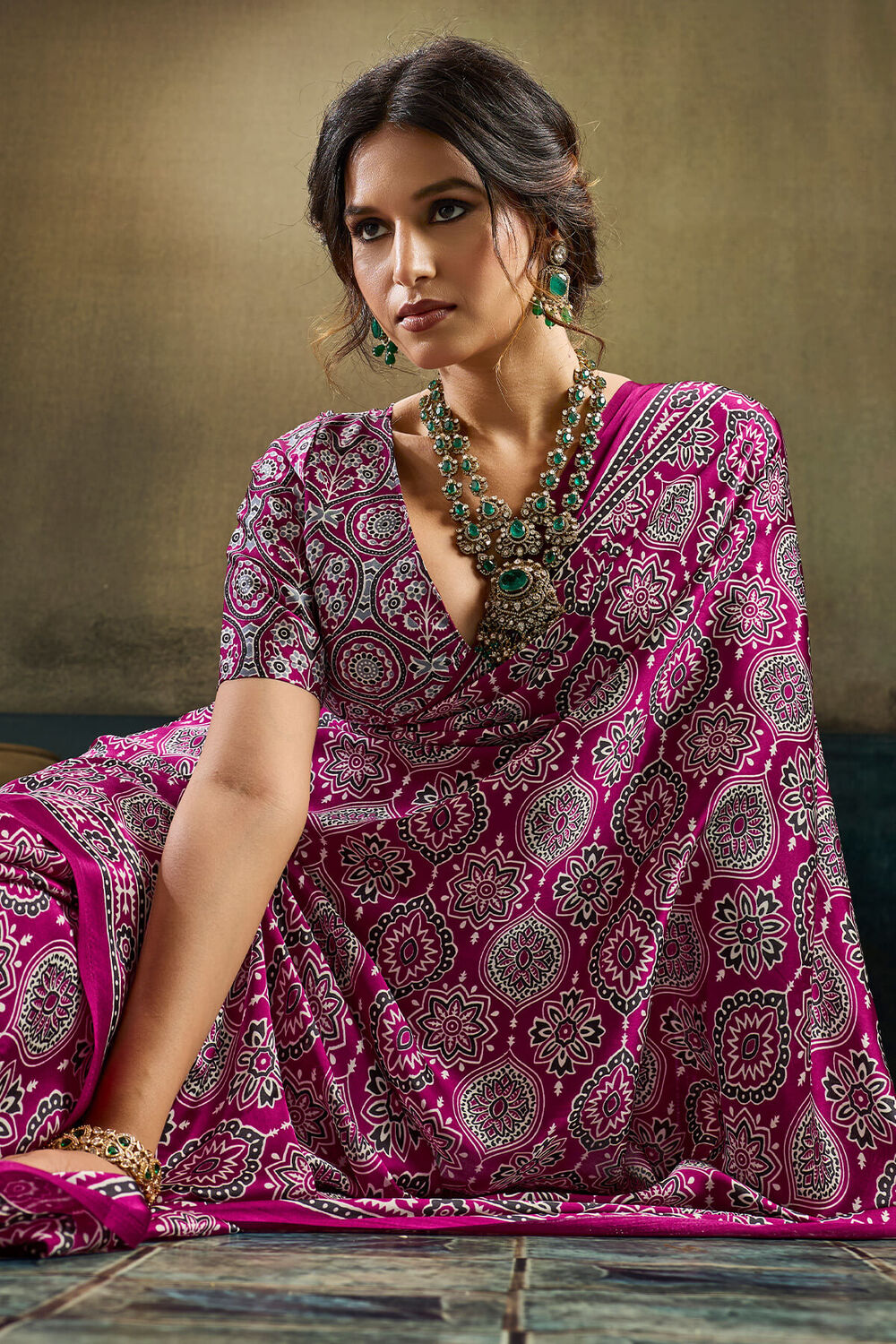 Bewitching Purple Ajrakh Printed Satin Silk Saree With Hypnotic Blouse Piece