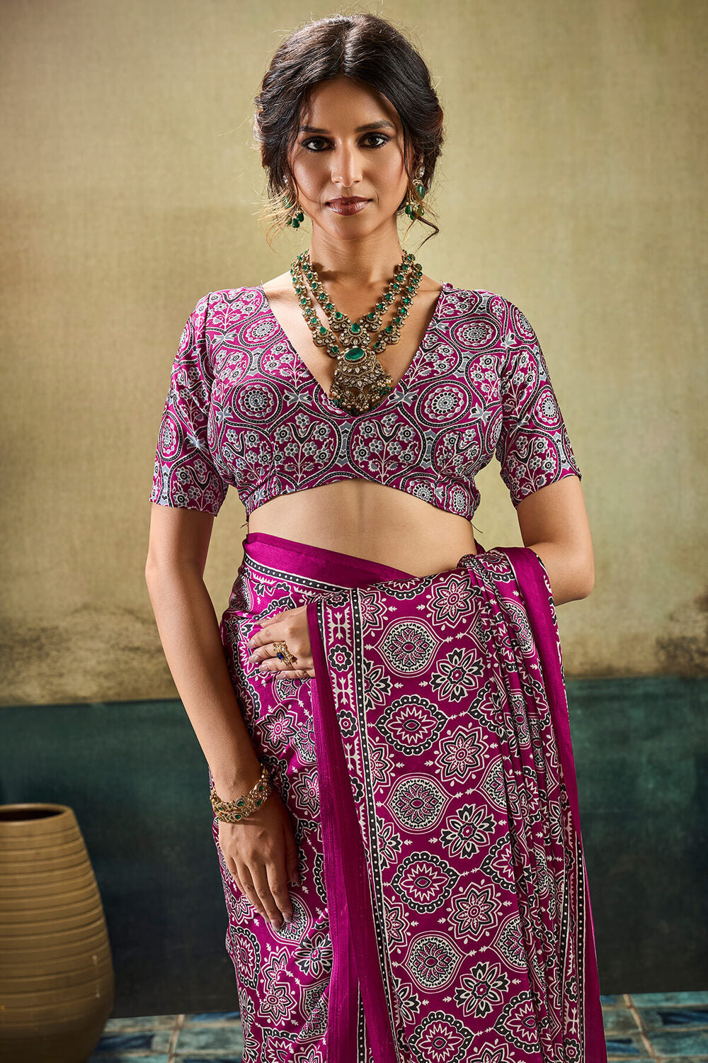 Bewitching Purple Ajrakh Printed Satin Silk Saree With Hypnotic Blouse Piece