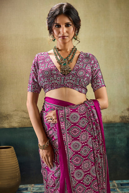 Bewitching Purple Ajrakh Printed Satin Silk Saree With Hypnotic Blouse Piece