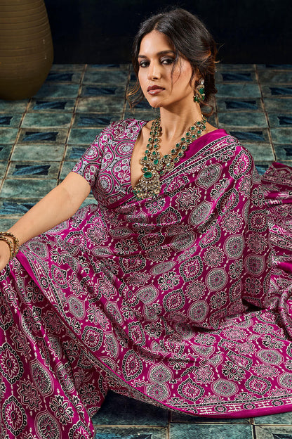 Bewitching Purple Ajrakh Printed Satin Silk Saree With Hypnotic Blouse Piece