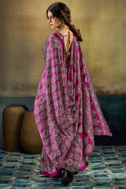 Bewitching Purple Ajrakh Printed Satin Silk Saree With Hypnotic Blouse Piece