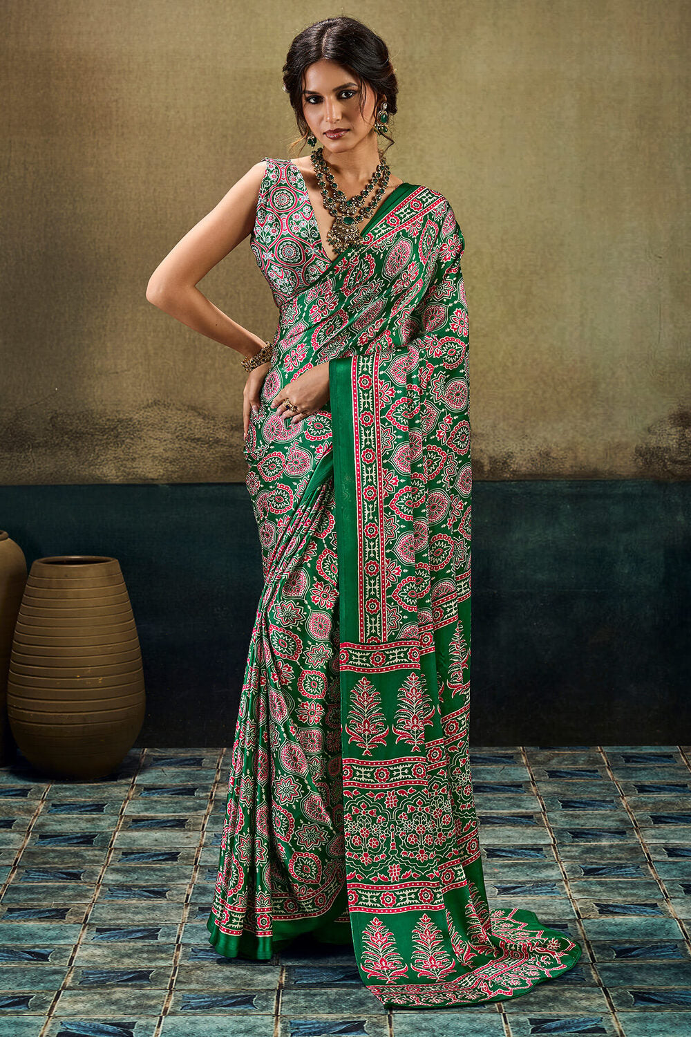 Imbrication Dark Green Ajrakh Printed Satin Silk Saree With Flameboyant Blouse Piece