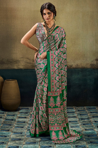 Imbrication Dark Green Ajrakh Printed Satin Silk Saree With Flameboyant Blouse Piece