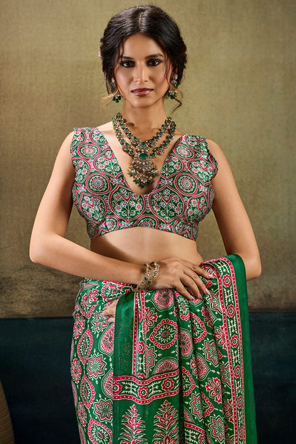 Imbrication Dark Green Ajrakh Printed Satin Silk Saree With Flameboyant Blouse Piece
