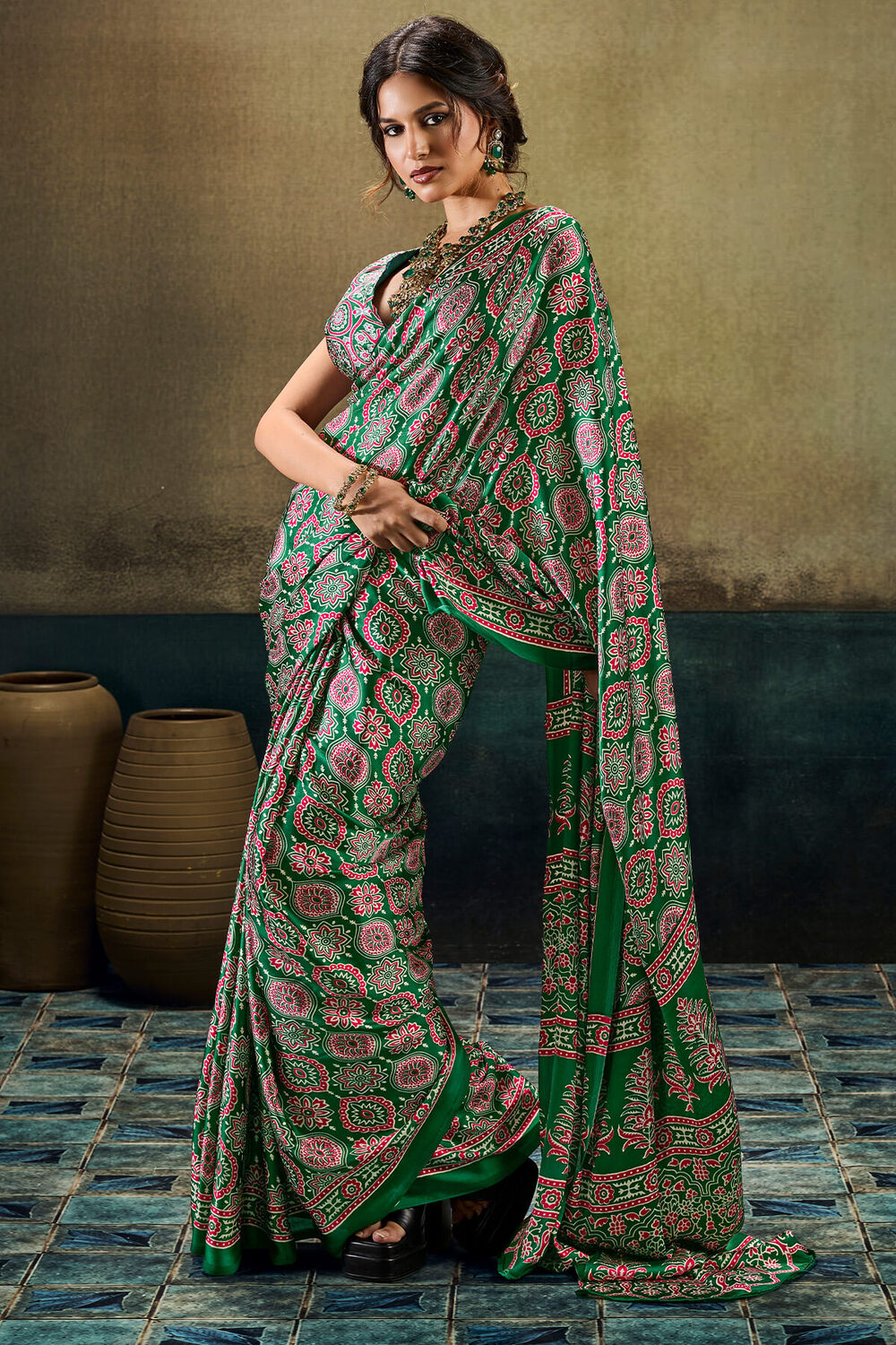 Imbrication Dark Green Ajrakh Printed Satin Silk Saree With Flameboyant Blouse Piece