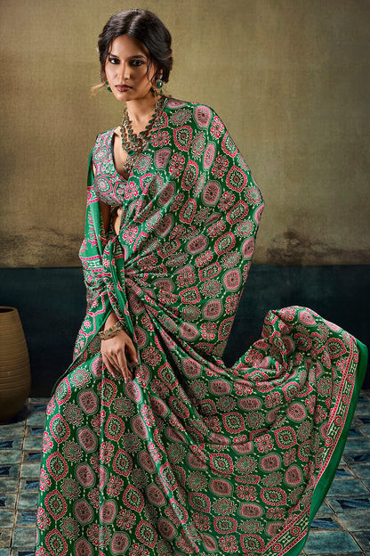 Imbrication Dark Green Ajrakh Printed Satin Silk Saree With Flameboyant Blouse Piece