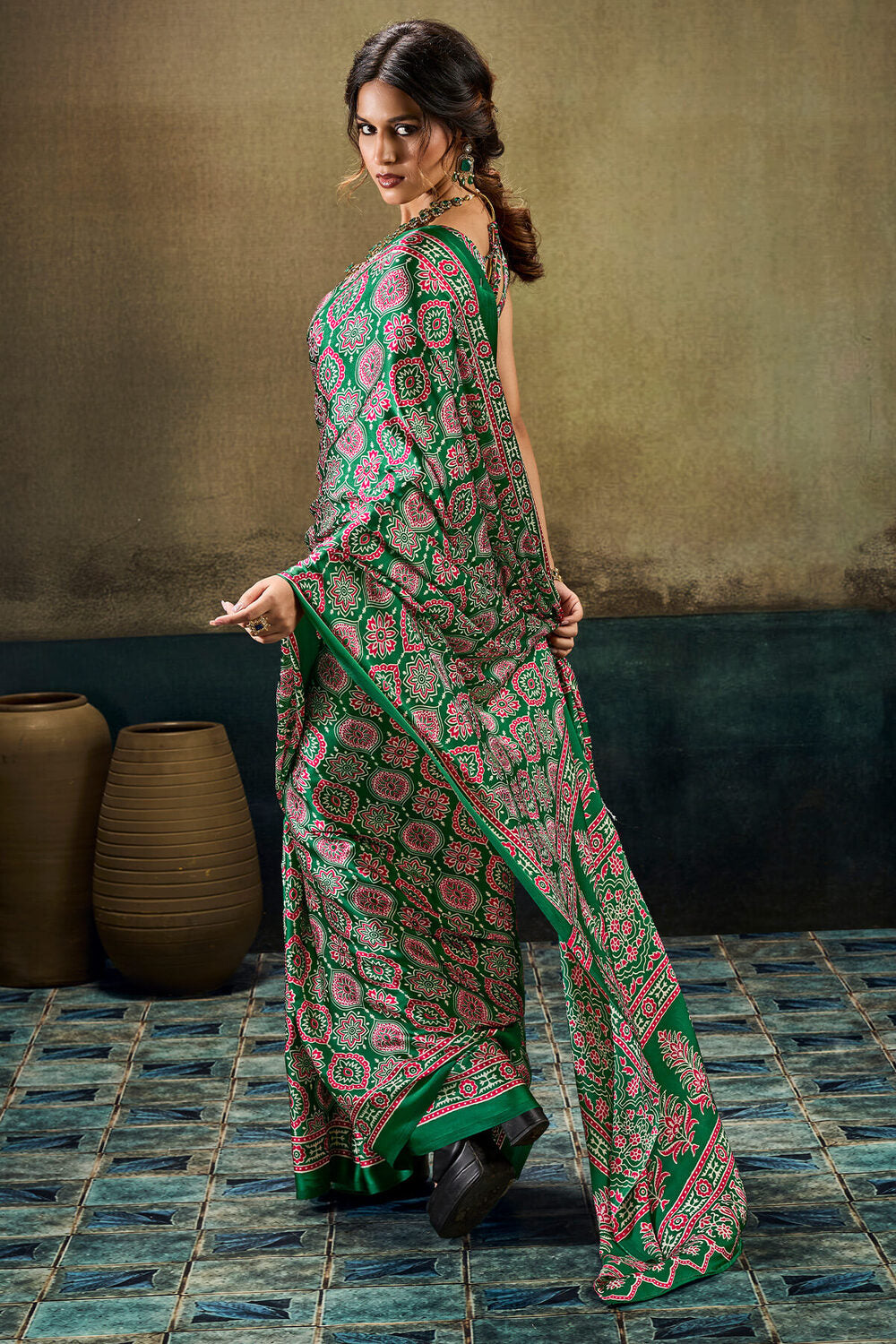 Imbrication Dark Green Ajrakh Printed Satin Silk Saree With Flameboyant Blouse Piece
