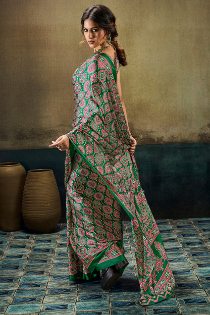 Imbrication Dark Green Ajrakh Printed Satin Silk Saree With Flameboyant Blouse Piece