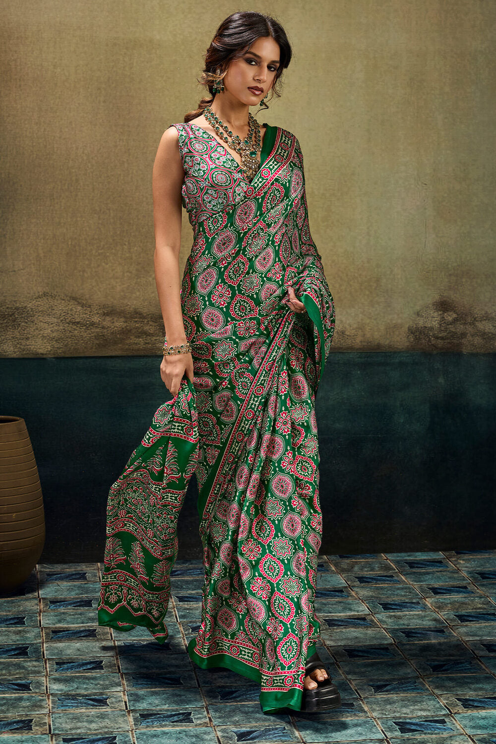Imbrication Dark Green Ajrakh Printed Satin Silk Saree With Flameboyant Blouse Piece