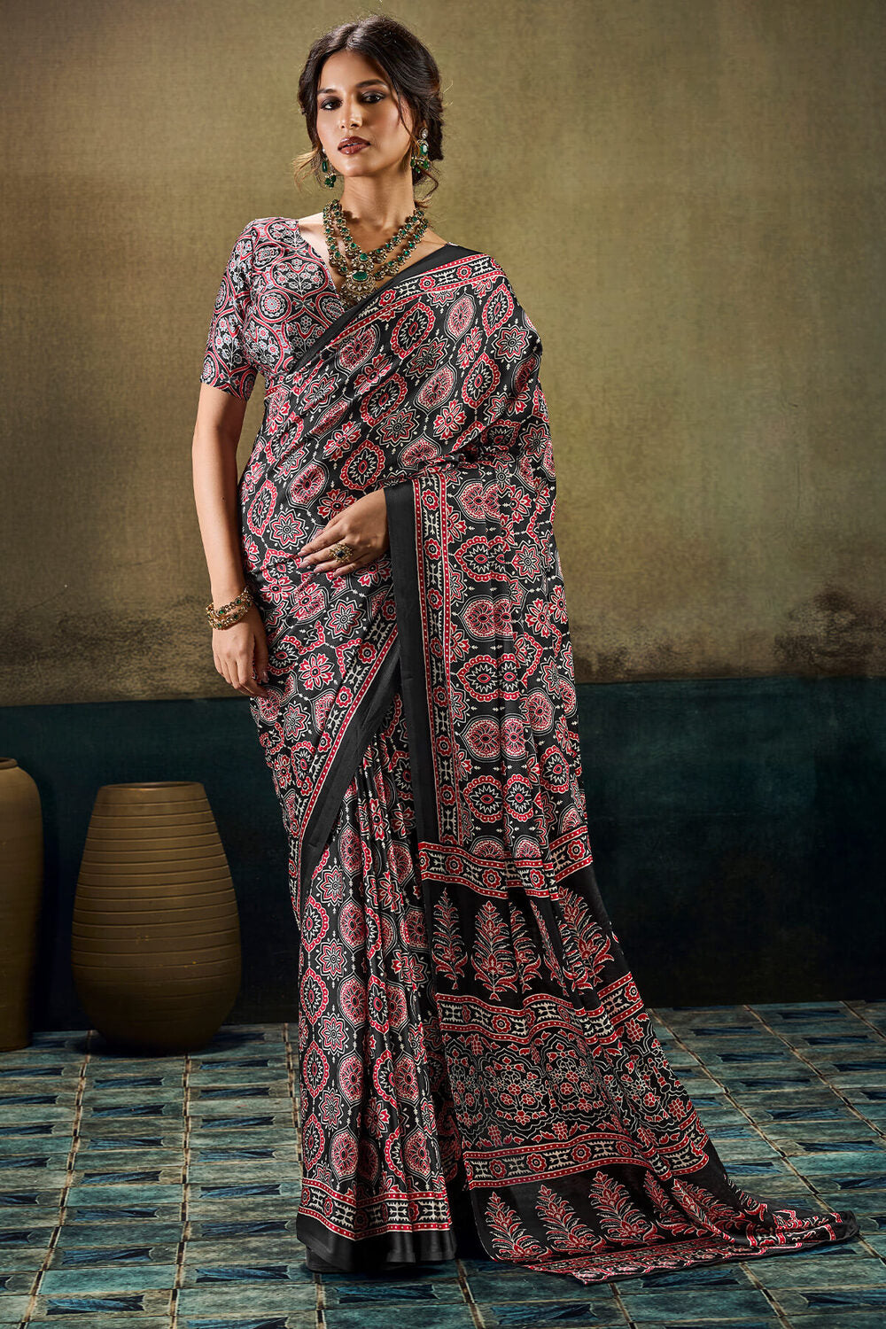 Ailurophile Black Ajrakh Printed Satin Silk Saree With Exuberant Blouse Piece