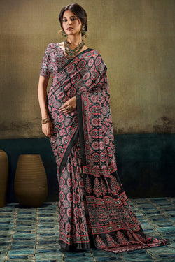 Ailurophile Black Ajrakh Printed Satin Silk Saree With Exuberant Blouse Piece