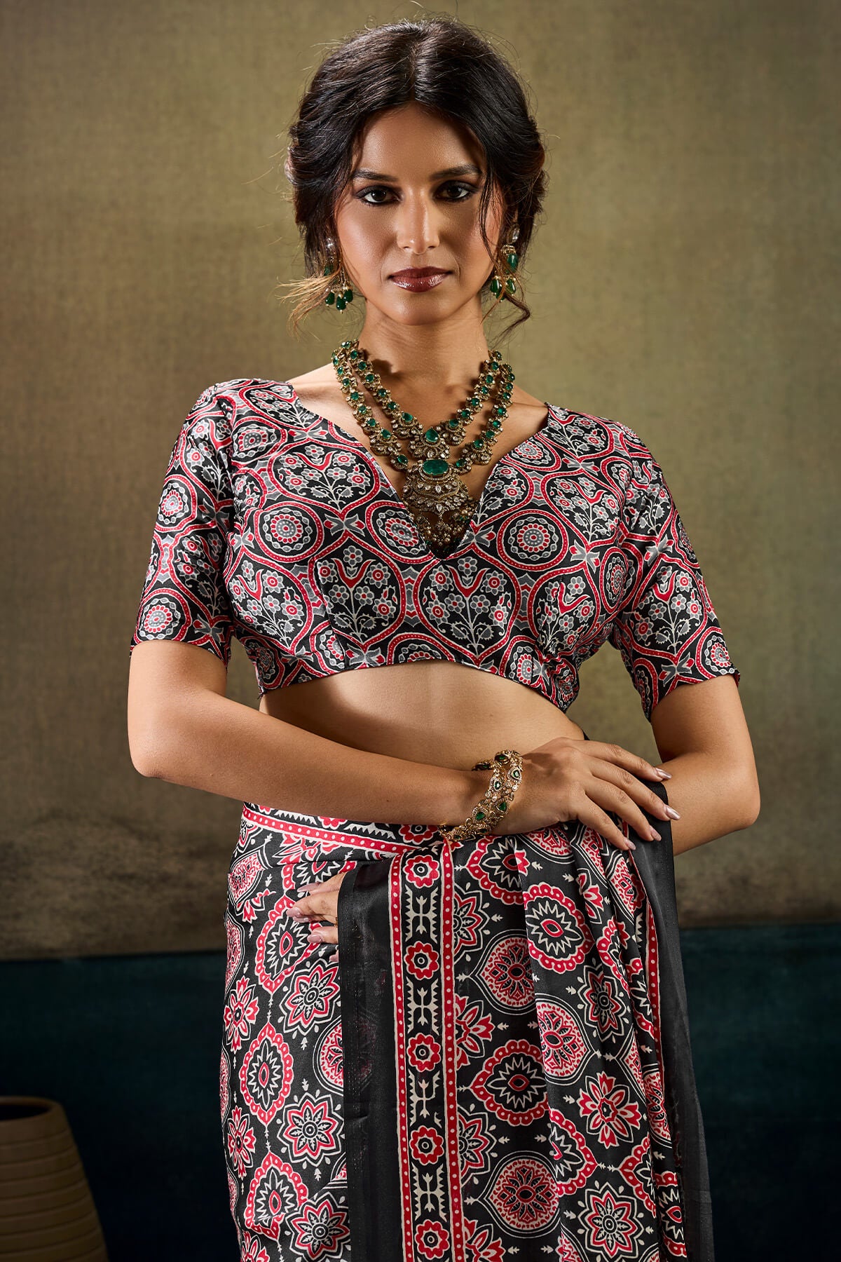 Ailurophile Black Ajrakh Printed Satin Silk Saree With Exuberant Blouse Piece