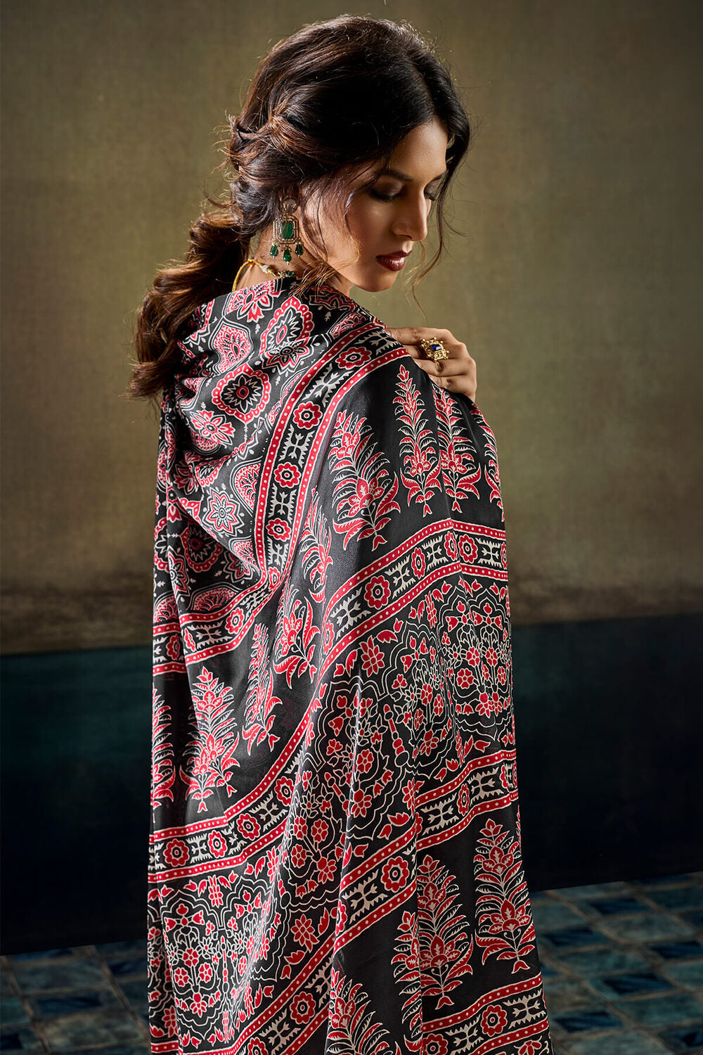 Ailurophile Black Ajrakh Printed Satin Silk Saree With Exuberant Blouse Piece