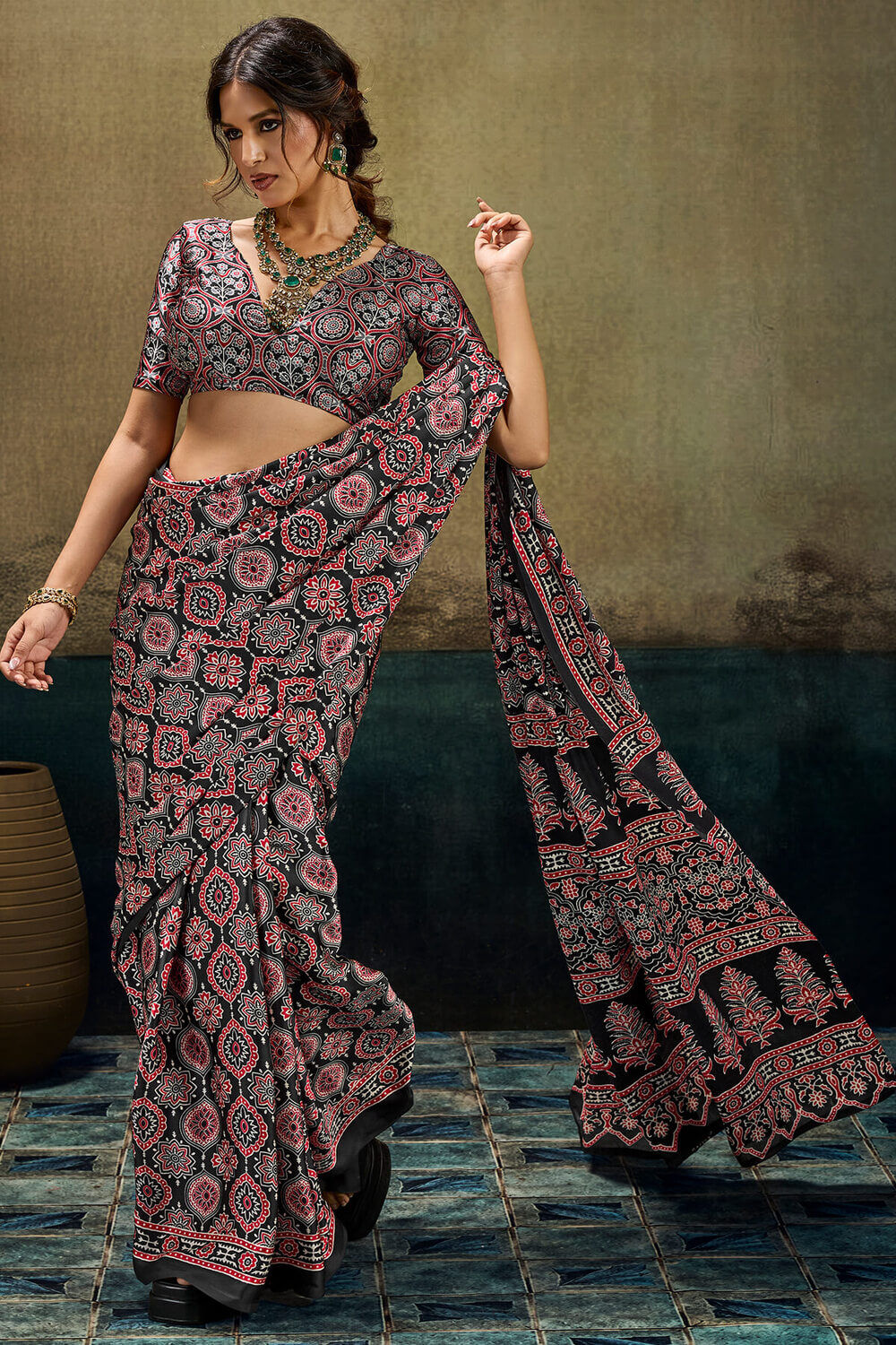 Ailurophile Black Ajrakh Printed Satin Silk Saree With Exuberant Blouse Piece