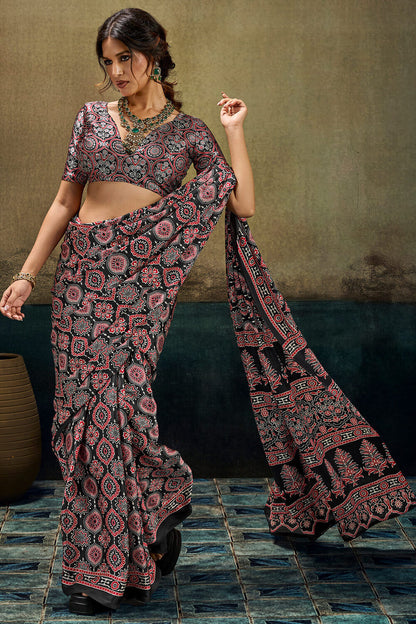 Ailurophile Black Ajrakh Printed Satin Silk Saree With Exuberant Blouse Piece