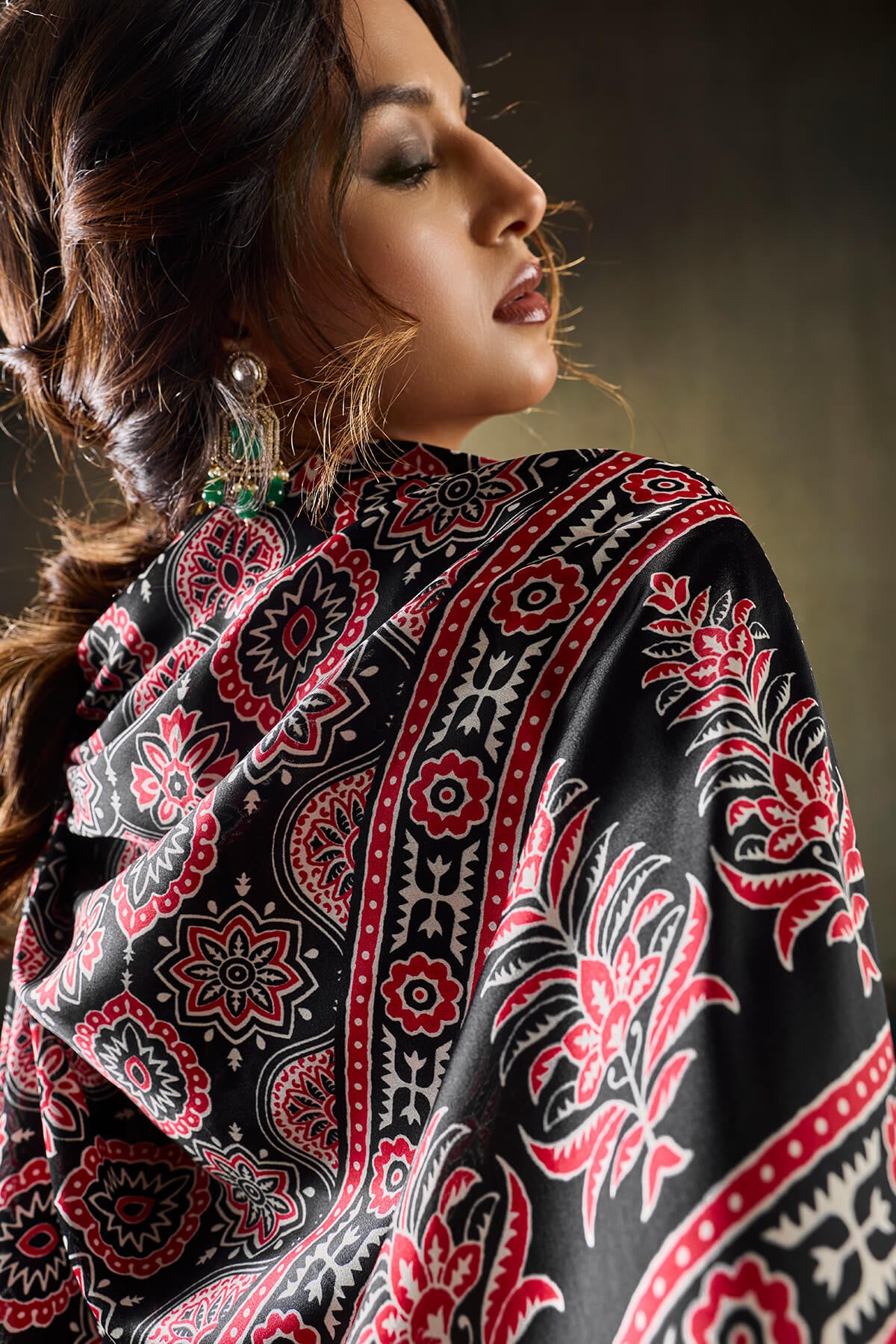 Ailurophile Black Ajrakh Printed Satin Silk Saree With Exuberant Blouse Piece