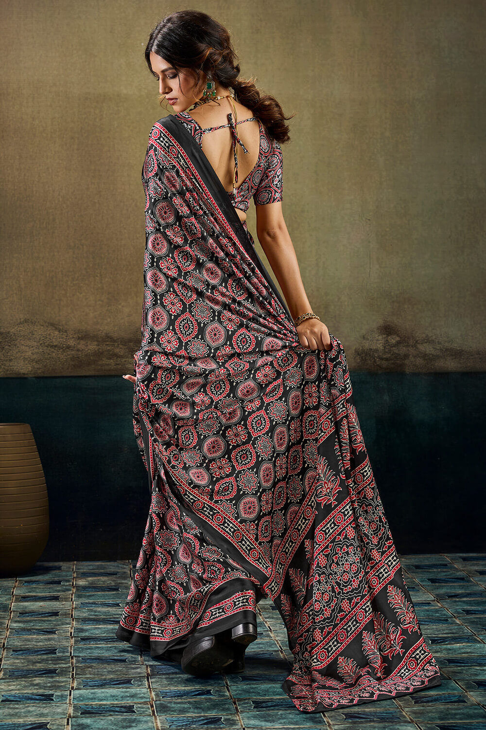 Ailurophile Black Ajrakh Printed Satin Silk Saree With Exuberant Blouse Piece