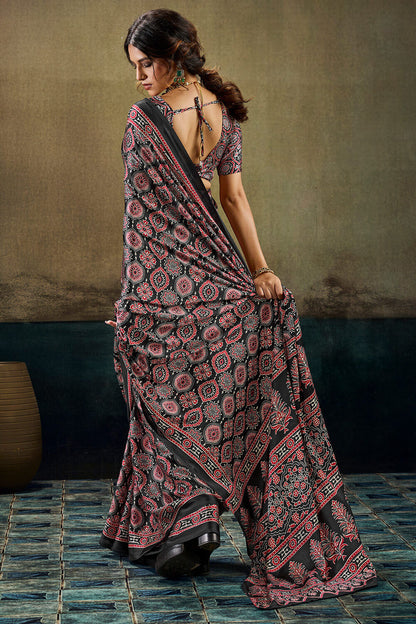 Ailurophile Black Ajrakh Printed Satin Silk Saree With Exuberant Blouse Piece