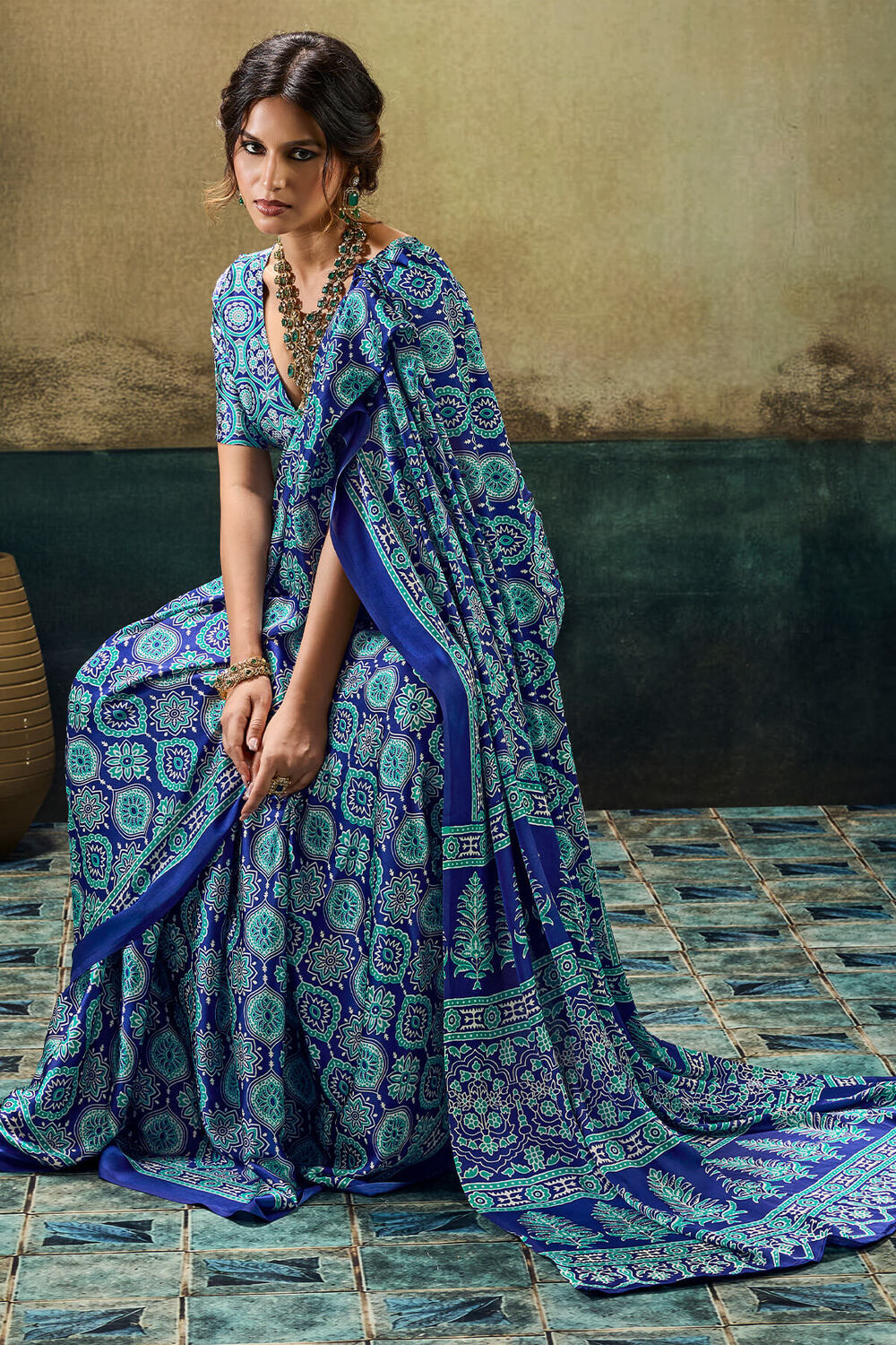 Cynosure Blue Ajrakh Printed Satin Silk Saree With Embrocation Blouse Piece