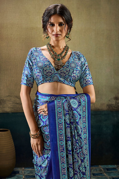 Cynosure Blue Ajrakh Printed Satin Silk Saree With Embrocation Blouse Piece
