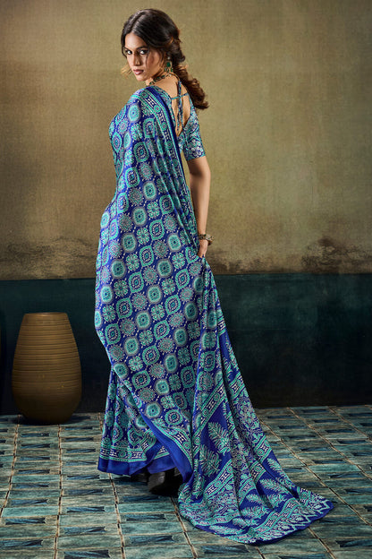 Cynosure Blue Ajrakh Printed Satin Silk Saree With Embrocation Blouse Piece