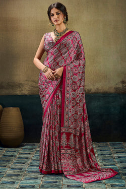 Mellifluous Dark Pink Ajrakh Printed Satin Silk Saree With Serendipity Blouse Piece
