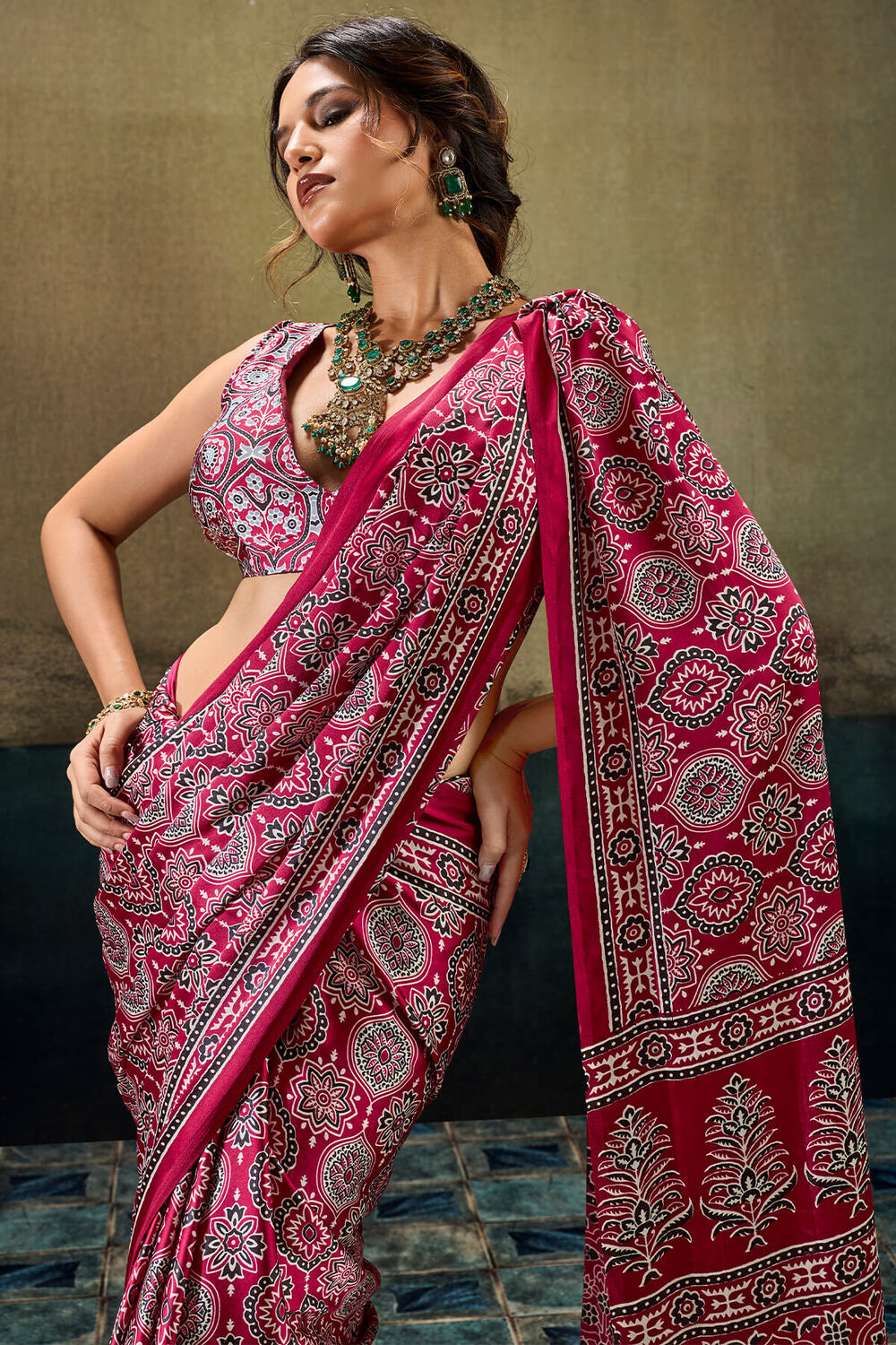 Mellifluous Dark Pink Ajrakh Printed Satin Silk Saree With Serendipity Blouse Piece