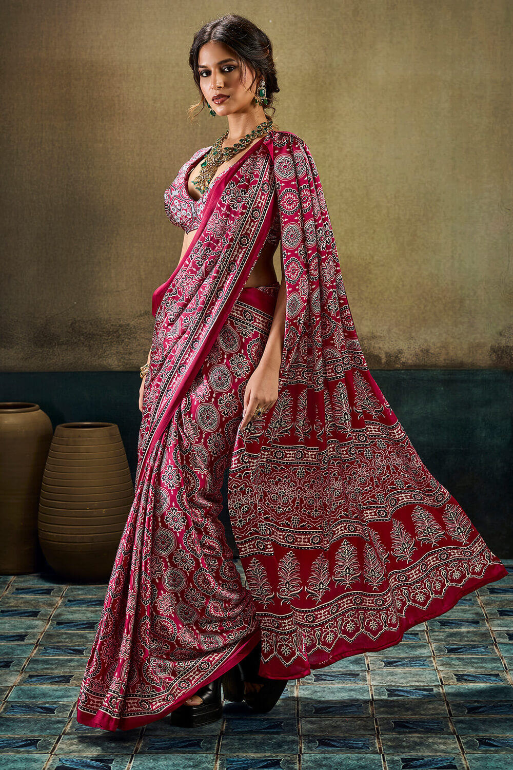 Mellifluous Dark Pink Ajrakh Printed Satin Silk Saree With Serendipity Blouse Piece